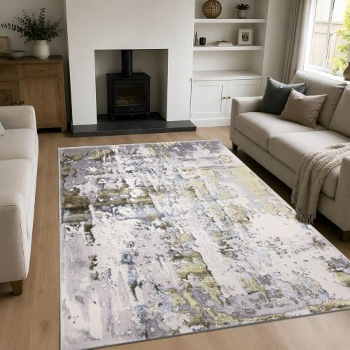 renoazul® Washable Non Shed Jute Backing Mat, 200 x 290 cm, 6 ft 7 in x 9 ft 6 in, Abstract Ochre, Soft Pile Turkish Large Rugs for Lounge, Garden, Patio, Sitting and Hall