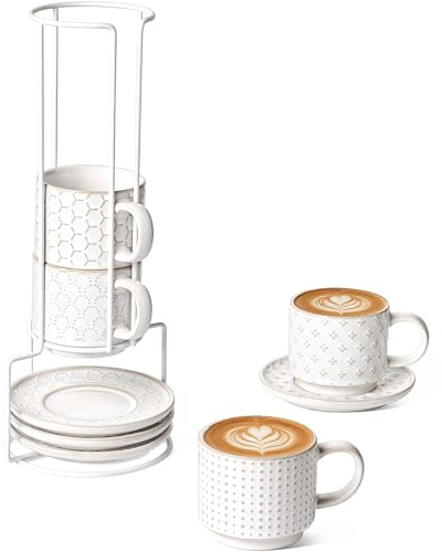 LE TAUCI 6 oz Stackable Cappuccino Cups with Saucers and Stand, Set of 4, Ceramic Coffee Cup Set for Flat White, Tea, Americano, Dishwasher & Microwave Safe - Embossed White