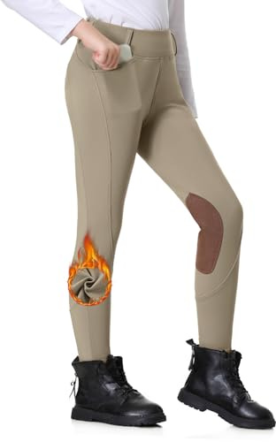 BELEROY Kids Horse Riding Pants Winter Fleece Lined Girls Equestrian Breeches Knee-Patch Horseback Tights with Pockets(Khaki,XS)