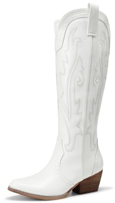 DREAM PAIRS Womens Cowboy Knee High Boots Comfortable Pull On Side Zipper Chunky Heel Embroidered Western Cowgirl Boots Retro Tall Boot for Theme Party Country Concert,Size 7,White,DWUMKB2501