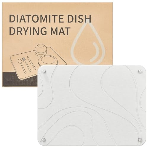 Snabbtorkande kiselgur jord disktorkmatta, stendisk torkmatta för köksbänk med 4 metallfötter, halkfri värmebeständig, 40 x 30 cm, vit