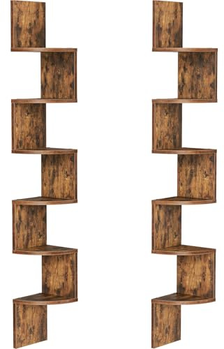 HOOBRO Estantería de Esquina de Pared, Juego de 2, Estantería Esquinera de 6 Niveles, en Zigzag, Ahorro de Espacio, para Sala de Estar, Dormitorio, Comedor, Marrón Rústico EBF27BJP201