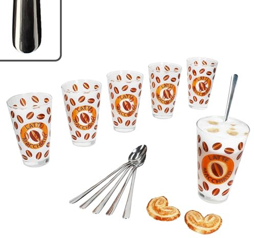 MamboCat Set di 12 bicchieri cremona latte macchiato arancione & Style Art Latte Macchiato cucchiaio L19 cm I per 6 persone, effetto vetro smerigliato con chicchi di caffè, design morbido e