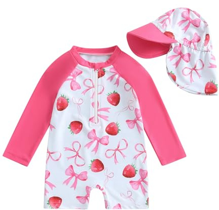 Toddler Baby Girl Swimsuit and Hat Zip Up Long Sleeve All in One Swimming Costume UV Sun Protection Swimwear One Piece Swimming Suit Rash Guard Sunsuit (Strawberry Bows Rose Red, 2-3 Years)