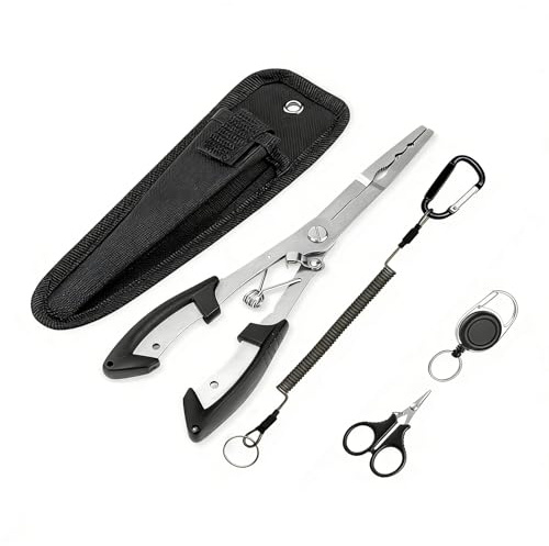 Kaiyzo Alicates De Pesca De Acero Inoxidable, Pinzas Rectas, Juego De Tijeras De Pesca con Cordón (5 Piezas), 21 cm, Negro