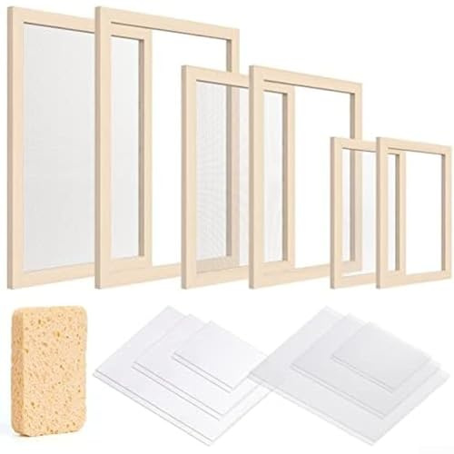 Comgooldool Kit de fabrication de papier avec 3 tailles de cadres en bois pour A4, A5 et A6, ensemble de paravents en papier faits à la main avec éponge pour adultes et débutants, projet artistique