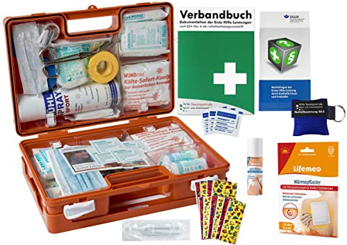 Sport-Sanitätskoffer PLUS 4 Erste-Hilfe Koffer nach aktueller DIN 13157 + Sporttape, Sprühpflaster, Wärme+Kälte-Behandlung Orange