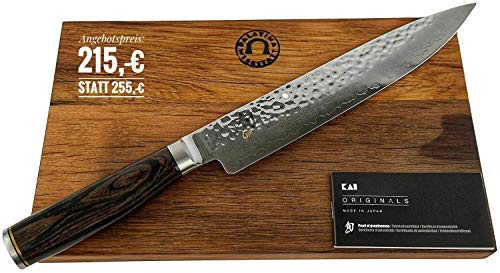 Kai Shun Premier Tim Mälzer TDM-1704 ultrascharfes Japanisches Schinken Messer, 24 cm Klinge aus Damaststahl + massives Schneidebrett aus Fassholz 30x 18 cm, Angebotsset