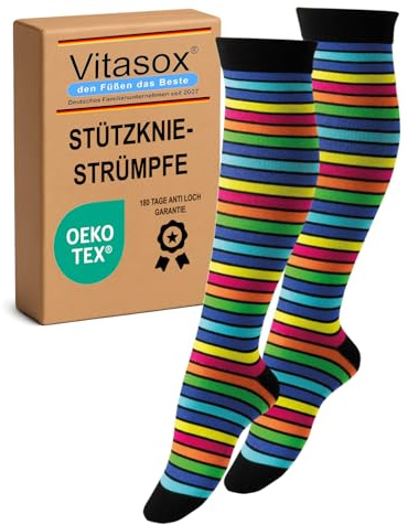 Vitasox Chaussettes de soutien pour homme et femme en coton avec compression pour vol, voyage, bureau et voiture, chaussettes de thrombose contre les jambes gonflées, 1 x rayures multicolores, 35-38