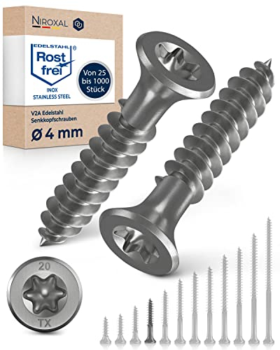 Tornillo de cabeza avellanada TORX de acero inoxidable fabricado en V2A 4-mm de espesor 30-mm de longitud del tornillo 50 piezas Rosca parcial de 18-mm Tornillo para madera 4x30