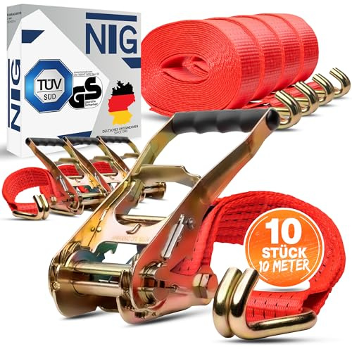 10 cinghie di tensionamento, lunghezza 10 m ciascuna, portata fino a 5000 kg | Certificazione TÜV/GS | Due parti | Larghezza 50 mm | Secondo la norma DIN EN 12195-2 | Fissaggio del carico