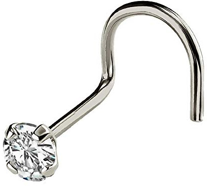 Jewelry Avalanche Solid 14Kt Gold Nose Screw, 24G (0.5mm) Nose Hook, Nose Stud, 14kt Yellow Gold or 14kt White Gold Nose Ring Prong Set CZ Accent-W2.5mm