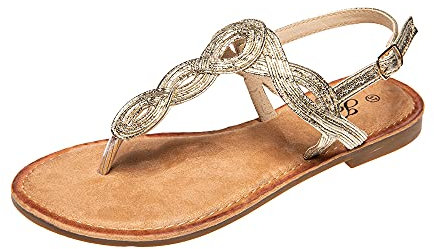 JOMIX Damen Sandaletten Strass Slip On Leichte Sandalen Sommer Pantoletten Muttertag Römer Schuhe (Gold, 41 EU, SD2146)