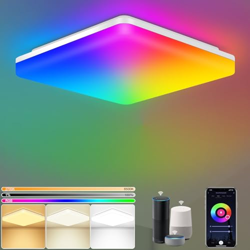 LEZOE 24W Smart LED Deckenleuchte Dimmbar RGB Farbwechsel, 2400LM 2.4GHZ WLAN Led Deckenlampe Steuerbar mit Fernsteuerung via APP, IP54 Lampe Für Wohnzimmer Kompatibel mit Alexa und Google Assistant
