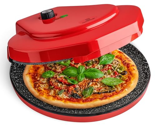 MisterChef® Ceramic Pizza Maker 1450W – Authentic 12 / 30cm Pizza Oven | Dual Ceramic Non-Stick Plates for Even Cooking | Ready in Minutes | Free 100-Recipe Book | Energy Efficient | Black Red