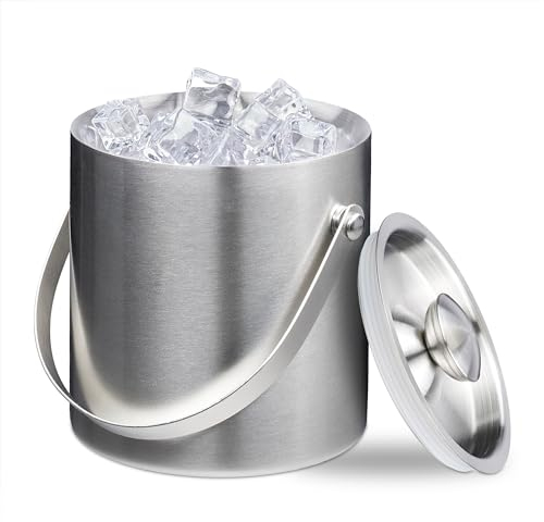 Relaxdays Eiswürfelbehälter, Edelstahl, doppelwandig, Eiseimer mit Deckel & Henkel, 1,5 Liter, Eiswürfelkübel, Silber