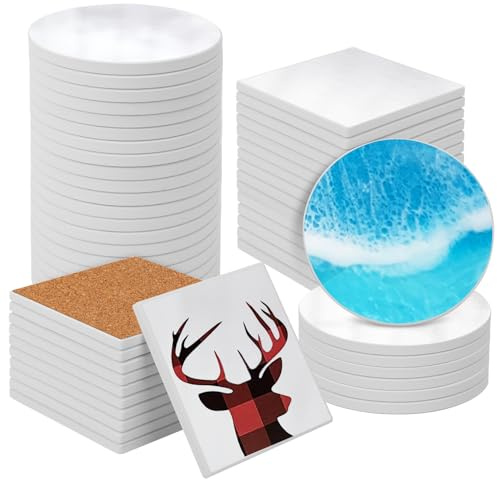 Geytetqi 50 Set 4 Inch Square and Round Sublimation Ceramic Coasters with Cork Backing Pads, Glazed Ceramic Tiles Coaster, White Tiles for Crafts, DIY Project and Sublimation