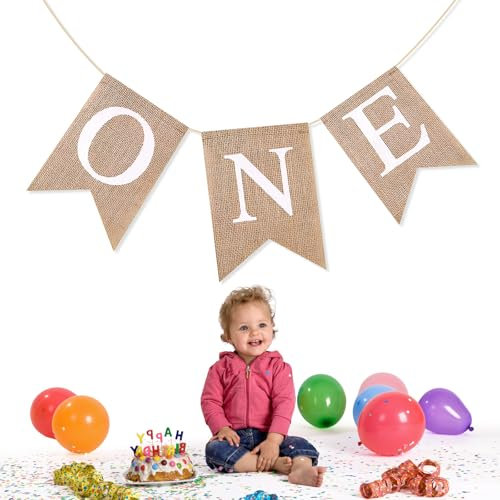 Volumoon Uno Striscione per Seggiolone, Ghirlanda di Bandierine Appese in Juta, Festone di Juta, Striscione per il Primo Compleanno, Decorazioni per il Primo Compleanno per Baby Shower