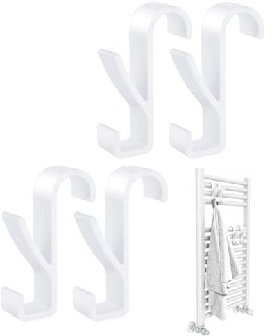 ZORVYN Crochet pour radiateur, Lot de 4 pièces, Serviette salle de bain, Seche serviette, Accrocher de manière flexible, Pour tous les radiateurs standard, Plastique blanc (2,5 x 9,5 x 6 cm) (Blanc)