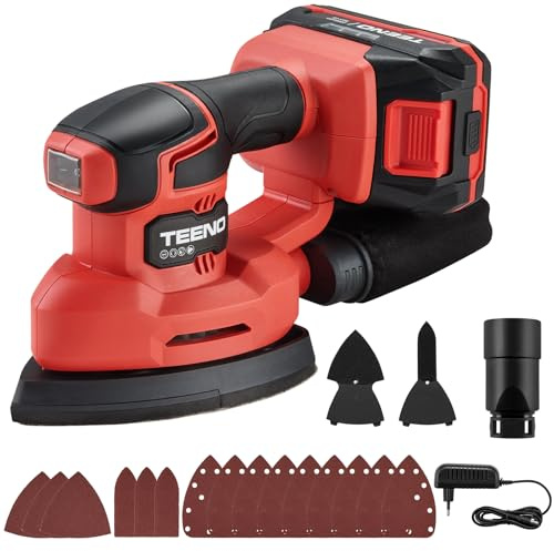 TEENO Ponceuse sans fil avec Batterie 3-en-1, 20V Ponceuse Delta avec 2A Batterie, 13000 tr/min Ponceuse de détail avec sac de Collecte de Poussière, 15 Feuilles de Papier Abrasif, 140x96.6mm