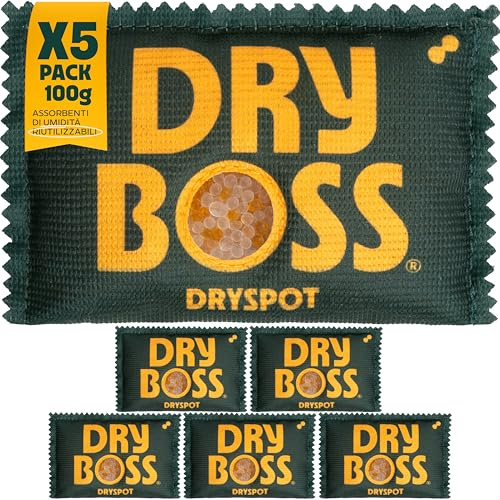 DRYBOSS DRYSPOT - Confezione da 5 x 100 g, riutilizzabile, ricaricabile, portatile, in gel di silica assorbe umidità e odori, armadi, cassetti, auto, filamenti 3D, vestiti e piccoli spazi
