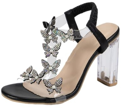 MJsznvorex Sandali da donna con tacco a blocco, con strass, punta quadrata, punta aperta, tacco alto, cinturino elastico alla caviglia, sandali a farfalla, Nero A, 37 EU