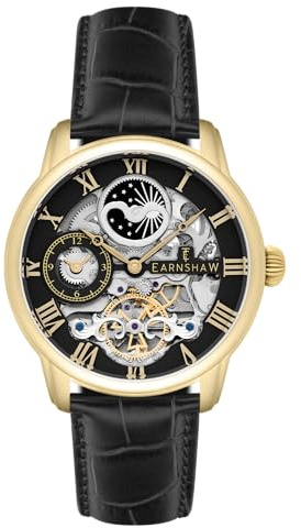 Thomas Earnshaw Herrklocka 44 mm longitud dubbel tid automatisk skelettklocka med 12 timmar dubbel tid, sol och måne display och dekorerad rotor