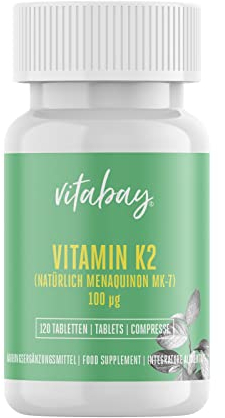 Vitabay Vitamin K2 Hochdosiert 100 µg (mcg) - 120 Vitamin K2 Tabletten Vegan & Laborgeprüft - MK-7 (Menachinon-7) aus natürlichen Zutaten in All-Trans Form