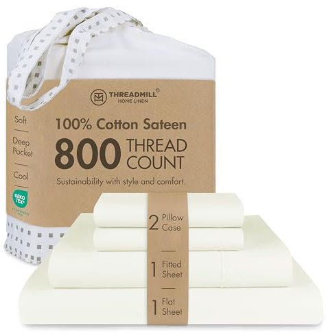 Threadmill 800 Thread Count Cotton Queen Sheet Set, Sateen, Solid, White