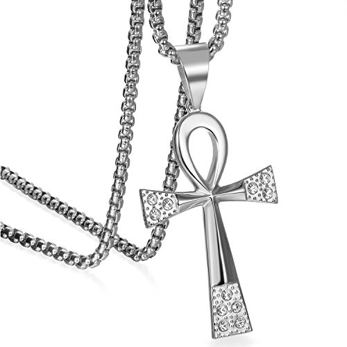 JewelryWe Smycken partnerhänge partnerkedja rostfritt stål strass egyptisk ankh kors amulett hänge med 55 cm kedja halsband för män kvinnor silver, alla hjärtans dag kärlek gåva, Strass, Strass