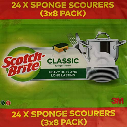 Scotch Brite Classic Sponge Scourers-Heavy Duty & Long Lasting (Pack 3 x 8), Foam, Green/RED, 8 Count (Pack of 3)