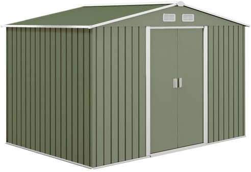 Outsunny 9 x 6ft Metal Garden Shed, Outdoor Storage Tool House with Ventilation Slots, Foundation Kit and Lockable Double Doors, Light Green