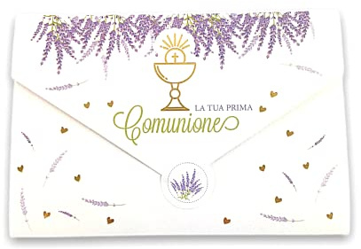 LINA OFFICINE GRAFICHE CREATIVE 90-553 - Tarjeta de felicitación de comunión para niña, con etiqueta cerrar, sobre, 11 x 16 cm (lavanda y niña)