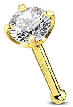 CM Crareesi Mania 14K Gold Nose Ring Solid Real Yellow Gold Nose Piercing Jewelry Rings 20Gauge Nose Stud 3mm Cubic Zirconia Nose Studs Rings
