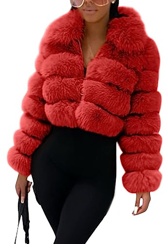 loveimgs Women Fluffy Faux Fur Coat Cropped Jacket Puffer Jacket Zip Up Winter Warm Fuzzy Teddy Jacket (Small,Red)