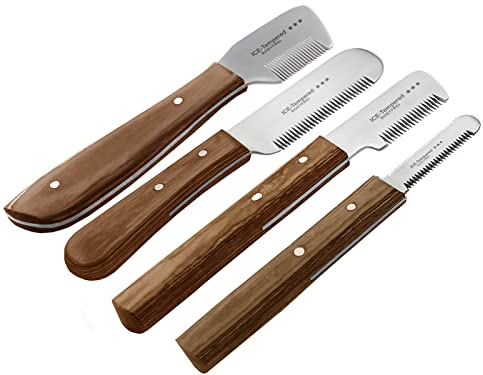 Trimmmesser Set für Hunde und Katzen mit kleiner mittlerer großer Zahnung 4-Teilig Kamm für Hundefell Unterwolle Fellmesser Hundeschere Edelstahl Messer Markenqualität für Langhaar und Kurzhaar