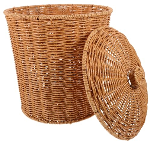 PRETYZOOM Rattan-Abfallkorb Mit Deckel Tragbarer Weiden-Mülleimer Runder Kunststoff-Mülleimer Gewebter Aufbewahrungskorb Schmutzwäschebehälter Für Wohnzimmer Schlafzimmer Badezimmer Küche