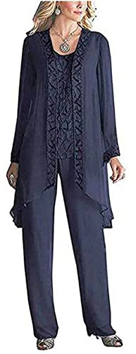 Women's 3 Pieces Chiffon Dress Mother of The Bride Pants Suits with Beaded Jacket Wedding Outfit Evening Gown Navy UK22