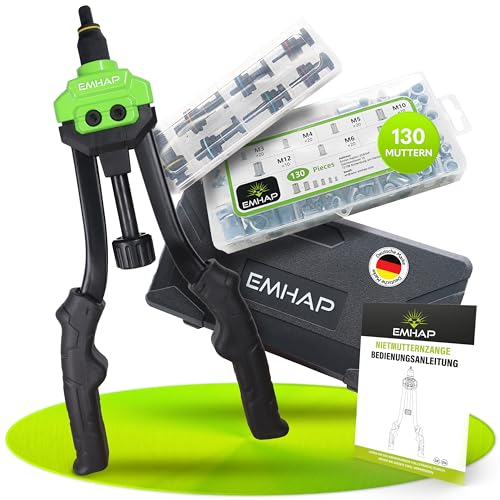 EMHAP© Set di pinze per rivetti ciechi di alta qualità, con scatola organizer per 130 dadi rivetti M3, M4, M5, M6, M8, M10, M12 (set di pinze per rivettati)