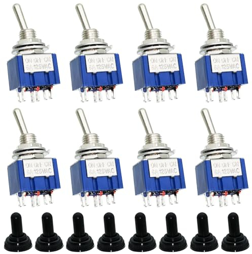 Toggle Switch, Dujelixa 8 Pcs MTS-203 Miniature Switch Electronics 6 Pins 3 Position, Self-locking Momentary ON-OFF-ON 6mm Panel Cut Out, Car Van Switch DPDT with M6 Waterproof Cap AC 250V/3A(125V 6A)
