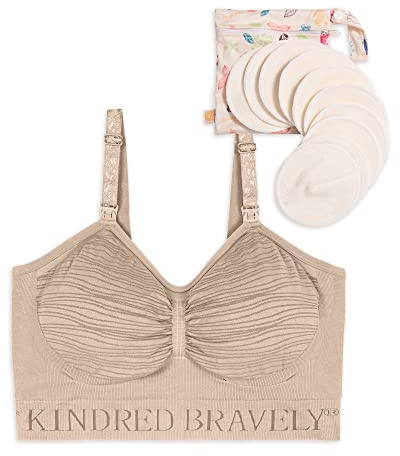 Kindred Bravely Hands-Free Pumping Bra Bundle with Organic Washable Breast Pads, 10 Pack (Beige, Small-Busty)