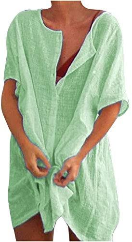 Women Linen Shirts Dress UK Sale Clearance Button V Neck Half Sleeve Sundress Ladies Casual Summer Boho Midi Dress Sexy Elegant Dresses Smocked Beach Office Dress Vintage Evening Party Dress