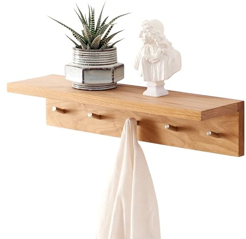 OAKERLAND Oak Floating Shelf with Hooks, 50cm Solid Wood Wall Rack, Wall Mounted Coat Hooks with Display Shelves for Entryway, Bedroom, Living Room, Office, Laundry etc