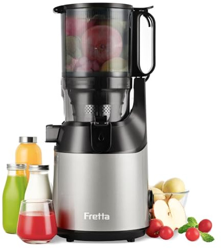 Cold Press Juicer, Fretta Slow Masticating Machines with 135mm&1.8L Chute, Fit Whole Fruits & Vegetables, Easy Clean,Self Feeding Juicer with High Juice Yield, BPA Free Tritan 250W (Grey)