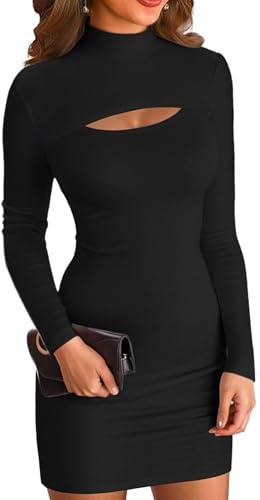 ELFIN Vestido Bodycon de Costillas de Manga Larga para Mujer con Cuello Alto de Jersey para Fiestas de Club Mini Vestido de Color Sólido, Negro , L