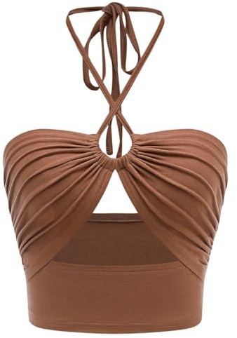 Cropped Top Ruched Criss Cross Halter Top för kvinnor, utskuren, ärmlös och rygglös, knythals, sexig och dressad Crop Top Cami