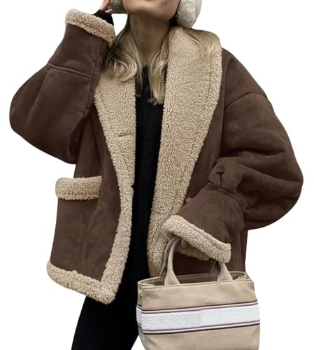 loveimgs Women Oversized Sherpa Lined Leather Jacket Faux Suede Fleece Shearling Coat Winter Biker Aviator Jacket Overcoat