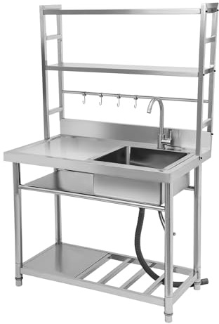 Rostfritt stål bord gastro-diskbänk med underskåp, kommersiellt diskbänk för utomhus och inomhus, restaurang, 100 x 50 x 160 cm (B)