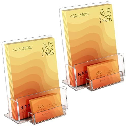 NPPLUS A5 Acrylic Leaflet Holder with Business Card Box, 2 Pack Clear Brochure Stand, Flyer Storage Countertop Display for Magazine, Pamphlet, Booklets, Menu, Journals, Business Card
