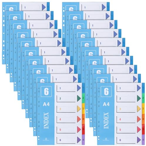 CHUENKK 20 stycken 6-delad avdelare A4, 29,7 x 22,5 cm flera färger register för mapp A4, mapp avskiljare för filorganisering